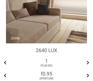 Light Meter app preview image showing a camera view, camera settings and exposure values