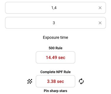 Star Exposure Calculator app preview image showing a selected camera, settings and exposure values
